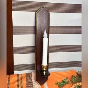 Home interiors cherry wood and brass candlestick holder wall sconce